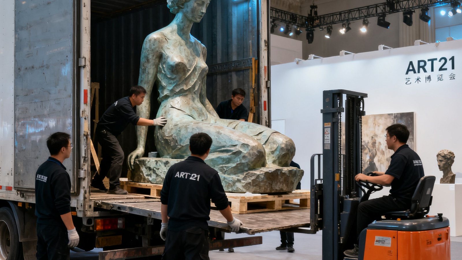 上海展览中心内ART021艺术博览会布展期间，AG贵宾会物流团队正在使用专业设备从恒温运输车中卸载大型雕塑展品